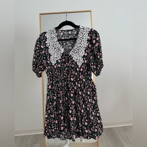 Zara Black and Pink Floral Dress with Lace Collar